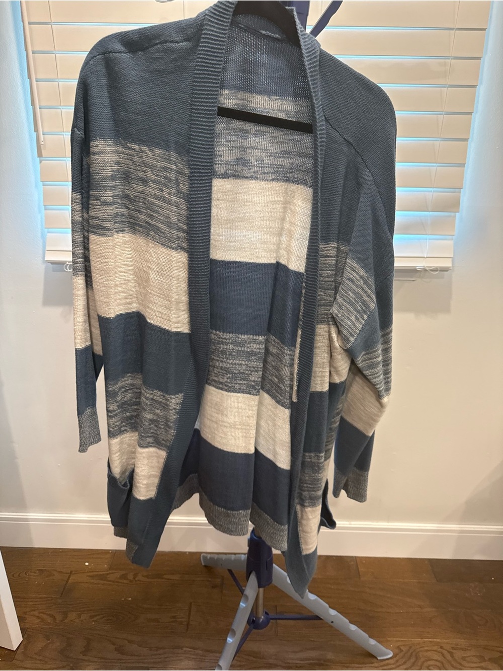 Striped Open-Front Women’s Cardigan Sweater - Blue & Cream